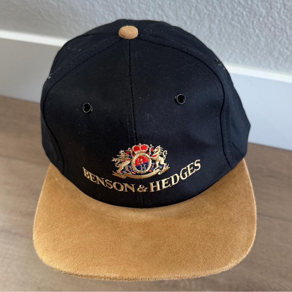 Vintage 90s Benson & Hedges Hat Pigskin‎ Suede Leather Smoke Black Snapback NOS
